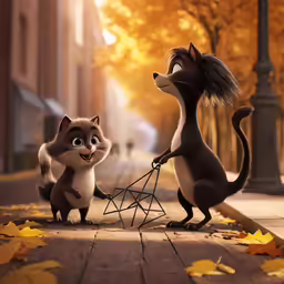 two animated animals playing around near a street
