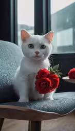 the cat has a bouquet of flowers in his mouth
