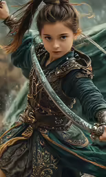 a little girl dressed in medieval clothing is holding two swords