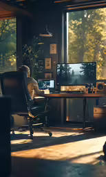 a man is sitting in an office chair watching television