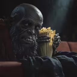 there is a man eating some food with a large smile