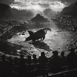 a large group of people watching two animals in a pen