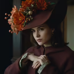 a woman with a brown hat and a red coat