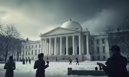 people stand in the snow near the state house