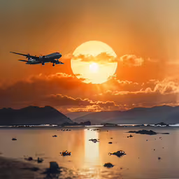 an airplane is flying near a large body of water,a large jetliner flying through a sky above the water