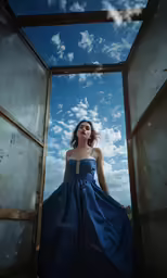 a woman in a blue gown standing inside a box