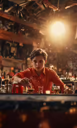 a young man sitting at a bar with bottles and a bottle