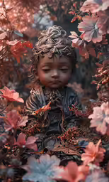 a photo of a child surrounded by red flowers