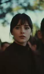 a woman looks at the camera while standing behind a man