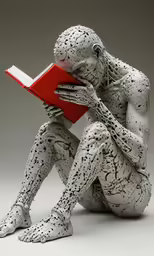a small white creature sitting down while reading