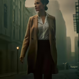 a woman in a coat and dress pants walking through the street