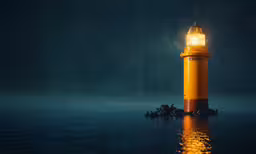 an orange lighthouse light on the water