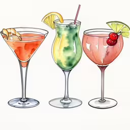three different kinds of glasses with drinks in them,three different types of drinks on a white background
