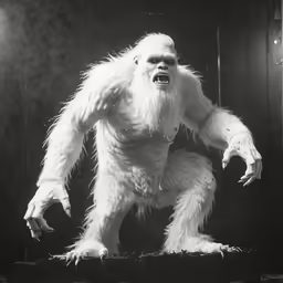 a big white monkey posing for a black and white photograph