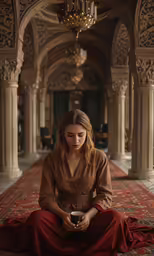 a woman sitting on the floor in an oriental building
