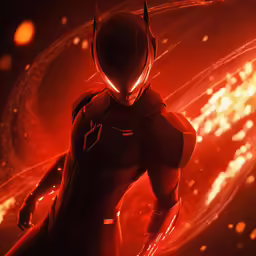 a sci - filth character wearing red on a dark red background
