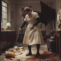 a woman in a dirty room cleaning up her shoes