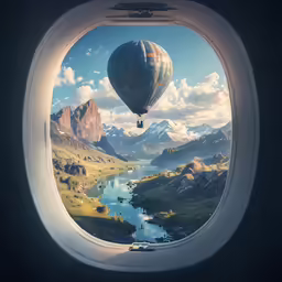 an airplane window with a balloon above a mountain