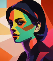 a painting of a woman with blue eyes and a colorful background,an abstract painting of a woman