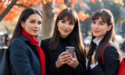 three young girls in coats are looking at a cell phone