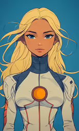 an anime girl in white and orange holding her arms on a blue background