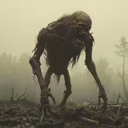 a very creepy looking robot standing in a forest