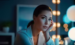 woman in white jacket next to table holding finger to her face