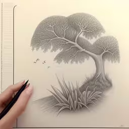 a pencil drawing of a tree and grass