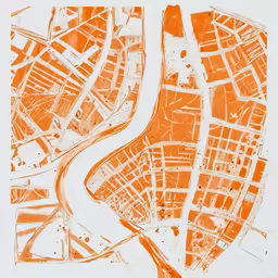 an orange and white painting of streets and roads