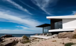 a building is on the beach with an ocean view