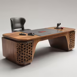 a large wooden desk with an elegant design
