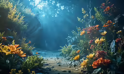 a painting of flowers and plants in a forest