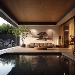 a modern outdoor living area with a couch, pool and wall hanging
