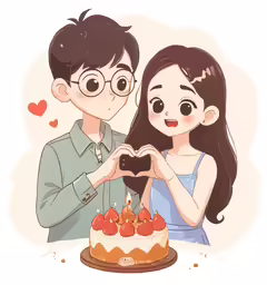 a cartoon drawing of a boy and girl at a birthday cake