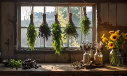 the windowsill of the building is filled with herbs