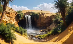 two palm trees standing in front of a waterfall