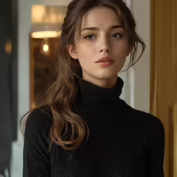 the woman is wearing long wavy hair