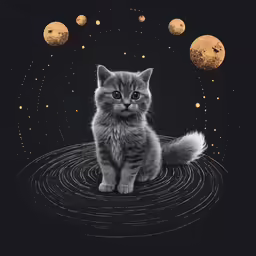 a cat sits on an object surrounded by planets