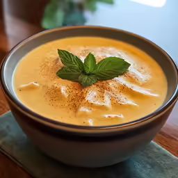 a white bowl filled with a cream colored soup and topped with a leaf