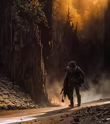 man in camouflage walking alone next to fire
