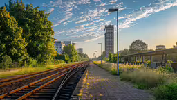 the train tracks run parallel to the trees,an empty train track next to a tall building