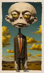 a man in a suit standing in the desert, facing forward, with a huge head covering him