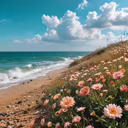 flowers line the shoreline on an overcast day