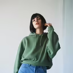 a woman wearing a green hoodie looks sideways