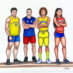 the three athletes pose for a drawing while one looks sad,three men and two women standing with arms folded in front