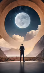 a man stands in front of a surreal, full moon