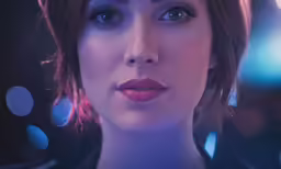 a woman with purple makeup on posing for a photo