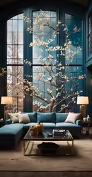 blue couch with paintings in a room next to a large window