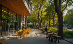 yellow chairs and tables near trees on a street