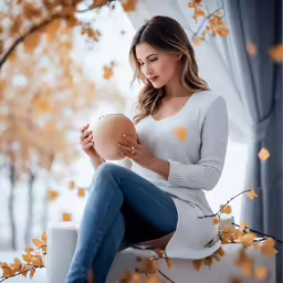 the pregnant woman sits next to a window and holds her belly